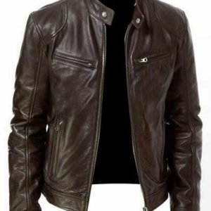 Mens vintage cafe racer brown genuine leather slim fit real biker jacket