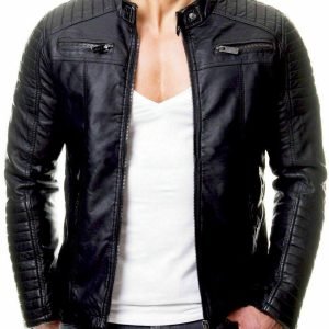 Men's Biker Retro Cafe Racer Motorcycle Distressed Slim Fit Black Leather Jacket