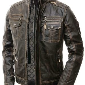 Mens abraci biker vintage cafe racer distressed brown real leather jacket