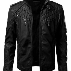 Mens real leather jacket retro black slim fit biker jacket