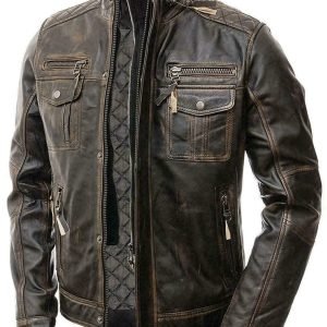 Mens Motorcycle Biker Vintage Distressed Brown Cafe Racer Real Leather Jacket