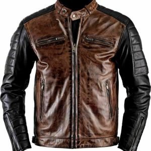 Men vintage motorcycle biker distressed brown cafe racer 2 shaded leather jacket