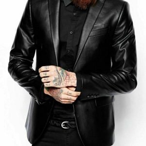 Mens black lambskin leather blazer jacket genuine sheep leather slim fit coat