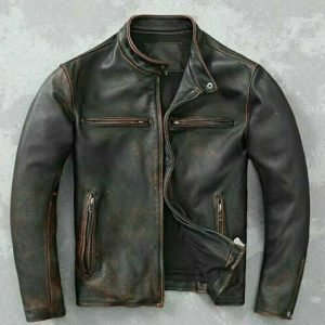 Men’s Motorcycle Biker Vintage Cafe Racer Distressed Black Real Leather Jacket