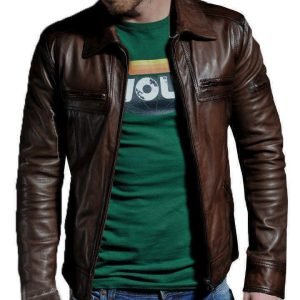 Mens brown real leather jacket vintage slim fit retro jacket genuine new
