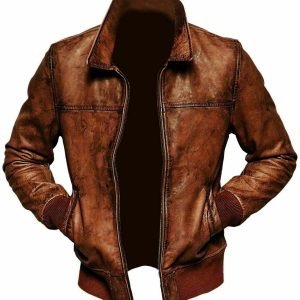 Mens Biker Motorcycle Vintage Distressed Brown Bomber Winter Leather Jacket