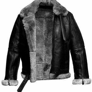 Men's RAF Aviator B3 Flying Genuine Bomber SheepSkin Leather Jacket Black&Grey